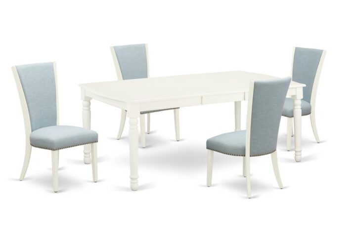 East West Furniture DOVE5-LWH-15 of four-piece indoor dining chairs with Linen Fabric Baby Blue color and a stunning two-side 18 butterfly rectangle kitchen table with Linen White color