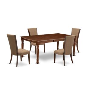 East West Furniture DOVE5-MAH-47 of four-piece dining room chairs with Linen Fabric Light Sable color and a beautiful mid century dining table with Mahogany color.