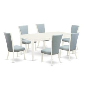 East West Furniture DOVE7-LWH-15 of six pieces of dining chairs with Linen Fabric Baby Blue color and a wonderful two-side 18 butterfly rectangle wooden dining table with Linen White color