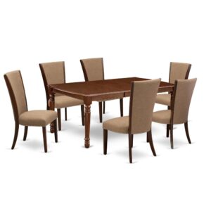 East West Furniture DOVE7-MAH-47 of six pieces of kitchen chairs with Linen Fabric Light Sable color and an attractive two-side 18 butterfly rectangle dining table with Mahogany color.