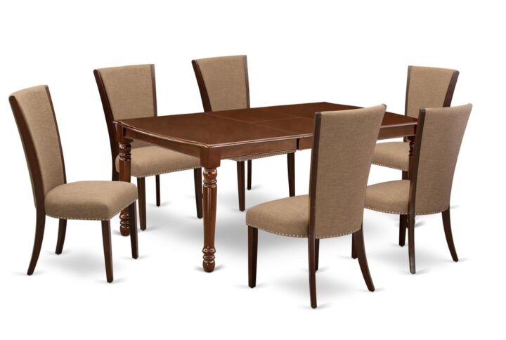 East West Furniture DOVE7-MAH-47 of six pieces of kitchen chairs with Linen Fabric Light Sable color and an attractive two-side 18 butterfly rectangle dining table with Mahogany color.