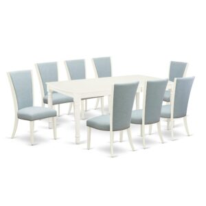 East West Furniture DOVE9-LWH-15 of eight-piece dining room chairs with Linen Fabric Baby Blue color and a gorgeous wooden dining table with Linen White color