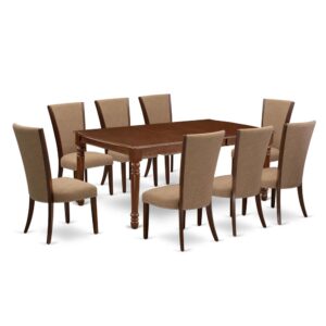 East West Furniture DOVE9-MAH-47 of eight-piece kitchen dining chairs with Linen Fabric Light Sable color and a beautiful wooden dining table with Mahogany color.