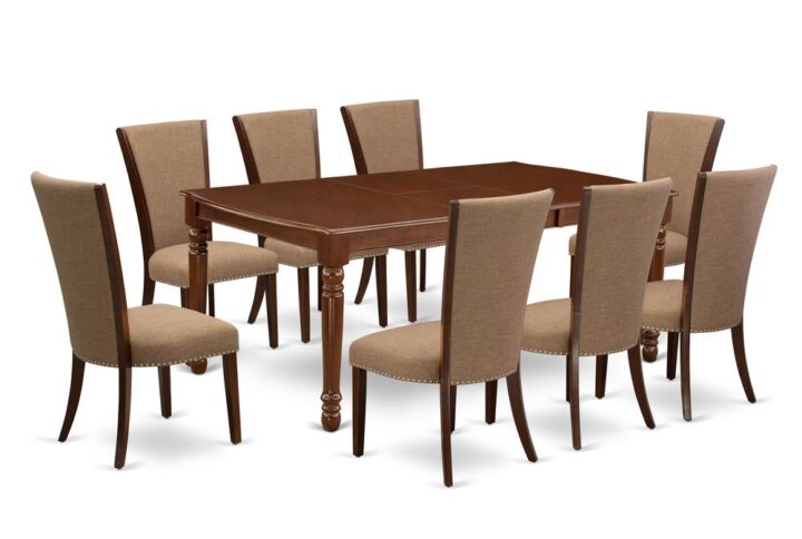 East West Furniture DOVE9-MAH-47 of eight-piece kitchen dining chairs with Linen Fabric Light Sable color and a beautiful wooden dining table with Mahogany color.