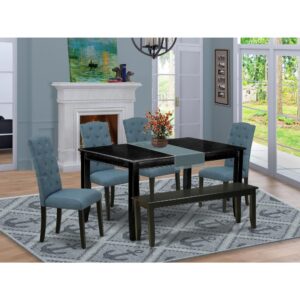 four parson chairs and a bench. The traditional style and design of this dining set corresponds all sorts of dining decor concepts and assures that meals are always filled with joy. The center rectangular table is best for 4-6 people to sit and enjoy their meal. The kitchen table along with straight legs is created from high quality rubber wood known as Asian Hardwood. No heat treated pressured wood like MDF