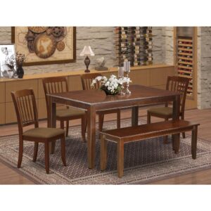 four dining chairs and a bench. The traditional style and design of this dining set corresponds all sorts of dining decor concepts and assures that meals are always filled with joy. The center rectangular table is best for 4-6 people to sit and enjoy their meal. The kitchen table along with straight legs is created from high quality rubber wood known as Asian Hardwood. No heat treated pressured wood like MDF