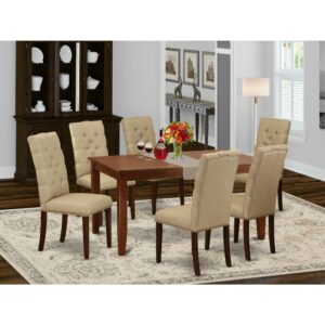 This dining room table set includes 6 remarkable Padded Parson Chair and an incredible 4 legs dining table. The modern dinette set gives a Mahogany hardwood dinner table and frame and an excellent Dark Khaki Dining Chairs seat and high back that bring elegance to your living area and increase the charm of your amazing dining room. The high-quality of our gorgeous chairs help our lovely customers to get relaxation and feel free when getting their meal. This dining table built from superior quality rubber wood which can bear the weight of 300 Lbs. Our parson's dining room chairs have a wooden structure with a luxury seat of high-quality foam which is covered with Linen Fabric that provides you relaxation with friends or family. This listing has a premium color of Mahogany finish for dining table and Dark Khaki finish of the parson’s chairs. Our gorgeous premium colors improve the beauty of your living area and give a magnificent look to your dining area or dining area. East West furniture usually manufactured from modern furniture along with easy assembling parts. We try to keep our furniture parts innovative as well as simple. Our high-class rectangular dining table set is best for your attractive living area as well as the kitchen. You can use it for casual home parties. Keep enjoying East West modern furniture!