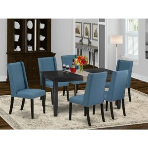 Our kitchen table set includes 6 fantastic Dining Chairs and a great 4 legs kitchen table. The modern dining table set provides a Black solid wood dining room table and frame and a wonderful Mineral Blue parson chairs seat and high back that bring magnificence to your living area and enhance the elegance of your fantastic dining area. The high-quality of our attractive chairs helps our attractive customers to get relaxation and feel free when getting their meal. This small dining table crafted from good quality rubber wood which can bear the weight of 300 Lbs. Our parson dining chairs have a wooden structure with a luxury seat of premium quality foam which is covered with Linen Fabric that delivers you relax with family or friends. This listing has a premium color of Black finish for rectangle table and Mineral Blue finish parson dining chairs. Our wonderful premium colors boost the beauty of your dining room and provide a magnificent look to your dining area or dining area. East West Furniture always manufactured from modern furniture along with easy assembling parts. We try to keep our furniture parts modern as well as simple. Our high-class rectangular dining table set is ideal for your beautiful dining area as well as the kitchen. You can use it for casual home parties. Keep enjoying East West modern furniture!