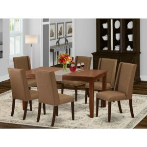 This dining room set includes 6 fantastic Dining Chairs and an incredible 4 legs rectangle table. The modern rectangular dining table set delivers a Mahogany solid wood dining room table and structure and a fantastic Brown Beige Dining Chairs seat and high back that bring magnificence to your living area and boost the charm of your great dining room. The high-quality of our attractive chairs helps our wonderful customers to get relaxation and feel free when getting their meal. This wood dining table constructed from good quality rubber wood which can bear the weight of 300 Lbs. Our parson dining chairs have a wooden structure with a luxury seat of high-quality foam which is covered with Linen Fabric that provides you relaxation with friends or family. This listing has a premium color of Mahogany finish for rectangle table and Brown Beige finishes upholstered dining chairs. Our wonderful premium colors increase the beauty of your dining area and give a magnificent appearance to your dining area or dining area. East West Furniture always crafted from modern furniture along with easy assembling parts. We try to keep our furniture parts innovative as well as simple. Our high-class rectangular dining table set is ideal for your stunning dining area as well as the kitchen. You can use it for casual home parties. Keep enjoying East West modern furniture!