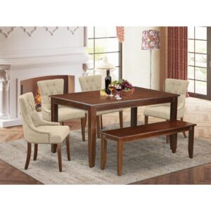 four parson chairs and a bench. The traditional style and design of this dining set corresponds all sorts of dining decor concepts and assures that meals are always filled with joy. The center rectangular table is best for 4-6 people to sit and enjoy their meal. The kitchen table along with straight legs is created from high quality rubber wood known as Asian Hardwood. No heat treated pressured wood like MDF
