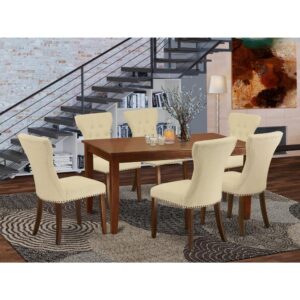 This rectangular dining table set includes 6 remarkable parson chairs and a great 4 legs dining table. The modern dining room table set provides a Mahogany hardwood small rectangular table and frame and an excellent Light Beige parson chairs seat and high back that bring magnificence to your dining area and boost the elegance of your fantastic living area. The good quality of our stunning chairs helps our wonderful customers to get relaxation and feel free when getting their meal. This modern dining table crafted from top-quality rubber wood which can bear the weight of 300 Lbs. Our parson dining chairs have a wooden frame with a luxury seat of high-quality foam which is covered with Linen Fabric that offers you relaxation with friends or family. This listing has a premium color of Mahogany finish for dining table and Light Beige finishes parson dining chairs. Our beautiful premium colors increase the beauty of your dining area and give a high-class glance to your dining room or dining area. East West Furniture always created from modern furniture along with easy assembling parts. We try to keep our furniture parts modern as well as simple. Our high-class modern dining table set is great for your attractive dining area as well as the kitchen. You can use it for casual home parties. Keep enjoying East West modern furniture!