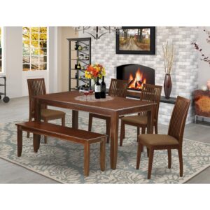 four dining chairs and a bench. The traditional style and design of this dining set corresponds all sorts of dining decor concepts and assures that meals are always filled with joy. The center rectangular table is best for 4-6 people to sit and enjoy their meal. The kitchen table along with straight legs is created from high quality rubber wood known as Asian Hardwood. No heat treated pressured wood like MDF