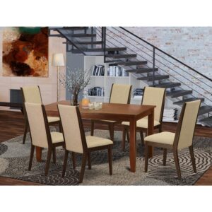 This kitchen dining table set includes 6 incredible parson chairs and an awesome 4 legs small rectangular table. The modern kitchen table set delivers a Mahogany solid wood table and frame and a wonderful Light Tan dining room chairs seat and high back that bring magnificence to your dining-room and enhance the charm of your excellent dining room. The premium quality of our stunning chairs helps our wonderful customers to get relaxation and feel free when getting their meal. This small rectangular table manufactured from high-quality rubber wood which can bear the weight of 300 Lbs. Our parson chairs have a wooden frame with a luxury seat of good quality foam which is covered with Linen Fabric that provides you relaxation with family or friends. This listing has a premium color of Mahogany finish for the dinner table and Light Tan finish of Padded Parson Chairs. Our lovely premium colors enhance the beauty of your dining area and give a magnificent look to your dining area or dining area. East West furniture usually constructed from modern furniture along with easy assembling parts. We try to keep our furniture parts innovative as well as simple. Our high-class modern dining table set is great for your lovely dining area as well as the kitchen. You can use it for casual home parties. Keep enjoying East West modern furniture!