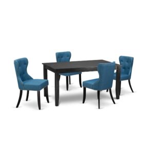 East West Furniture DUSI5-BLK-21 of four-piece dining chairs with Linen Fabric Mineral Blue color and an attractive mid century dining table with Black color
