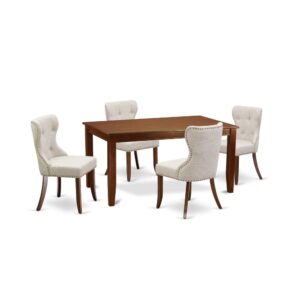 East West Furniture DUSI5-MAH-35 of four-piece dining chairs with Linen Fabric Doeskin color and a gorgeous rectangle kitchen table with Mahogany color.