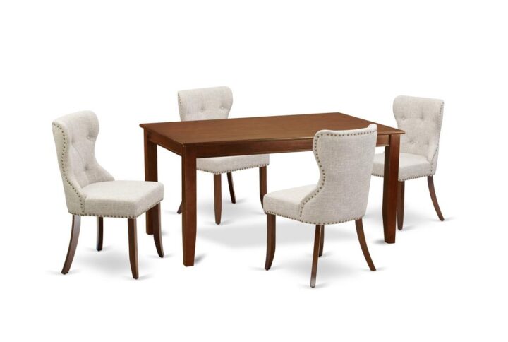 East West Furniture DUSI5-MAH-35 of four-piece dining chairs with Linen Fabric Doeskin color and a gorgeous rectangle kitchen table with Mahogany color.