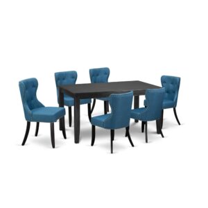 East West Furniture DUSI7-BLK-21 of six pieces of parson dining chairs with Linen Fabric Mineral Blue color and a gorgeous wood kitchen table with Black color