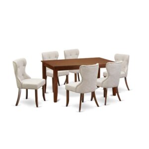 East West Furniture DUSI7-MAH-35 of six pieces of kitchen chairs with Linen Fabric Doeskin color and a gorgeous wood table with Mahogany color.
