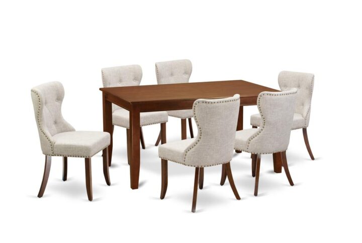 East West Furniture DUSI7-MAH-35 of six pieces of kitchen chairs with Linen Fabric Doeskin color and a gorgeous wood table with Mahogany color.