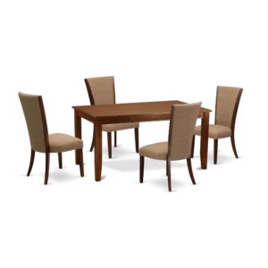 East West Furniture DUVE5-MAH-47 of four-piece parson chairs with Linen Fabric Light Sable color and an eye-catching rectangle kitchen table with Mahogany color.