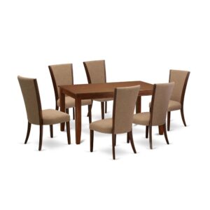 East West Furniture DUVE7-MAH-47 of six pieces of indoor dining chairs with Linen Fabric Light Sable color and an eye-catching rectangle dining room table with Mahogany color.