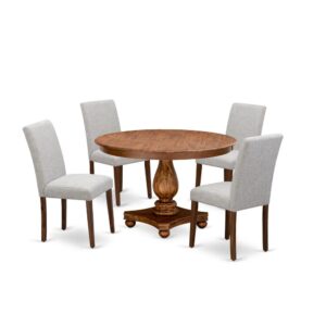 This 5-Pc Dining Set  Includes A Wooden Round Dining Table And 4 Dining Chairs For The Dining Room Which Can Fully Accommodate Your Family. Asian Wood Material Round Dining Table Set  Is Sturdy And Durable. The Set  Of 4 Upholstered Chairs In Linen Fabric Foam Padded Seat Will Not Feel Tired Even After A Long Time Sitting. The Seat And Back Cushion Is Made Of High-Quality Material Of Linen Fabric For The Backrest Because Of The Upholstered Back. This Elegant Dining Room Table Set  With A Solid Wood Frame Will Enhance The Appeal Of Any Dining Area. Upgrade Your Home Decor With Our Modern Style Dining Room Set . Antique Walnut Finish Adds A Unique Attraction To Any Kitchen Room While The Wooden Legs Of Both Kitchen Chairs And The Wood Table Will Surely Help You To Enhance The Solidness And Traditional Feel. The Classy Design In The Premium Finish Is Great To Match Any Dining Room. Change Your Interior Decor With Our Antique Design Dining Set . The Modern Dining Set  Adds A Touch Of Magnificence To The Kitchen That You And Your Family Will Surely Enjoy. The Smooth Surface Modern Round Dining Table Set  Is Simple To Clean With A Damp Cloth To Get Hassle-Free Maintenance. Assembly Requires Not Much Time And Will Be Easy To Assemble If You Will Follow The Step-By-Step Instructions Of The Manual.