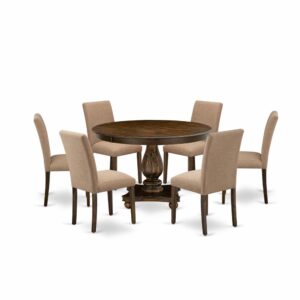 This Dining Set  Offers 6 Modern Dining Chairs And A Mid Century Dining Table To Boost The Beauty Of Any Kitchen Area Or Dining Area. This Modern Kitchen Table Is Provided In A Beautiful Distressed Jacobean Finish. Moreover