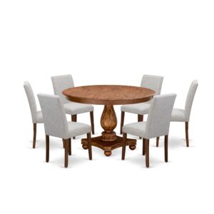This Table Set  Includes A Wood Round Dining Table And 6 Wooden Dining Chairs For The Dining Room Which Can Fully Accommodate Your Family. Asian Wood Material Modern Round Dining Table Set  Is Sturdy And Durable. The Set  Of 6 Wooden Chairs In Linen Fabric Foam Padded Seats Will Not Feel Tired Even After A Long Time Sitting. The Seat And Back Cushion Is Made Of High-Quality Material Of Linen Fabric For The Backrest Because Of The Upholstered Back. This Attractive Table Set  With A Solid Wood Frame Will Enhance The Appeal Of Any Dining Area. Upgrade Your Home Decor With Our Modern Style Mid Century Dining Set . Antique Walnut Finish Adds A Unique Attraction To Any Kitchen Room While The Wooden Legs Of Both Dining Chairs And Kitchen Table Will Surely Help You To Enhance The Solidness And Traditional Feel. The Classy Design In The Premium Finish Is Perfect To Match Any Dining Room. Change Your Interior Decor With Our Antique Design Modern Dining Set . The Kitchen Table Set  Adds A Touch Of Magnificence To The Kitchen That You And Your Family Will Surely Enjoy. The Smooth Surface Kitchen Round Dining Table Set  Is Simple To Clean With A Damp Cloth To Get Hassle-Free Maintenance. Assembly Requires Not Much Time And Will Be Easy To Assemble If You Will Follow The Step-By-Step Instructions Of The Manual