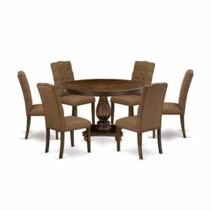This Modern Dining Set  Provides 6 Dining Chairs And A Mid Century Dining Table To Boost The Beauty Of Any Kitchen Area Or Dining Area. This Modern Dining Table Is Offered In A Beautiful Distressed Jacobean Finish. Moreover