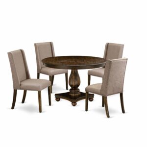 This Dinette Set  Offers 4 Kitchen Chairs And A Wood Dining Table To Boost The Beauty Of Any Kitchen Area Or Dining Area. This Wooden Table Is Provided In An Elegant Distressed Jacobean Finish. In Addition