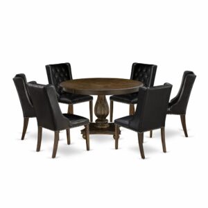 This Mid Century Modern Dining Set  Provides 6 Upholstered Dining Chairs And A Dinner Table To Boost The Beauty Of Any Kitchen Area Or Dining Area. This Wood Table Is Provided In A Beautiful Distressed Jacobean Finish. In Addition