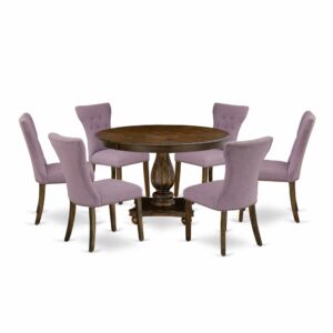 This Modern Dining Set  Offers 6 Upholstered Dining Chairs And A Mid Century Dining Table To Boost The Beauty Of Any Kitchen Area Or Dining Area. This Modern Dining Table Is Offered In An Elegant Distressed Jacobean Finish. Moreover