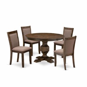 This Dining Room Set  Includes A Modern Pedestal Dining Table And 4 Dining Chairs For Dining Room Which Can Fully Accommodate Your Family. Asian Wood Material Dinner Table Set  Is Sturdy And Durable. The Set  Of 4 Padded Chairs In Linen Fabric Foam Padded Seat Will Not Feel Tired Even After A Long Time Sitting. The Seat And Back Cushion Is Made Of High-Quality Material Of Linen Fabric For The Backrest Because Of The Upholstered Back. This Attractive Modern Dining Set  With A Solid Wood Frame Will Enhance The Appeal Of Any Dining Area. Upgrade Your Home Decor With Our Modern Style Round Dining Table Set . The Distressed Jacobean Finish Adds A Unique Attraction To Any Kitchen Room While The Wooden Legs Of Both Upholstered Dining Chairs And The Wood Table Will Surely Help You To Enhance The Solidness And Classic Feel. The Classy Design In The Premium Finish Is Ideal To Match Any Dining Room. Change Your Interior Decor With Our Antique Design Mid Century Modern Dining Set . The Kitchen Round Dining Table Set  Adds A Touch Of Magnificence To The Kitchen That You And Your Family Will Surely Enjoy. The Smooth Surface Dinette Set  Is Simple To Be Clean With A Damp Cloth To Get Hassle-Free Maintenance. Assembly Requires A Short Amount Of Time And Will Be Easy To Assemble If You Will Follow The Step-By-Step Instructions Of The Manual.