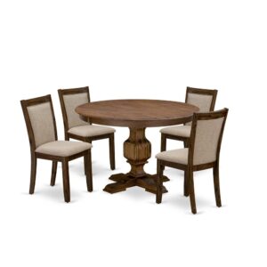 This Dinette Set  Includes A Wood Pedestal Table And 4 Wooden Chairs For Dining Room Which Can Fully Accommodate Your Family. Asian Wood Material Modern Dining Set  Is Sturdy And Durable. The Set  Of 4 Kitchen Chairs In Linen Fabric Foam Padded Seat Will Not Feel Tired Even After A Long Time Sitting. The Seat And Back Cushion Is Made Of High-Quality Material Of Linen Fabric For The Backrest Because Of The Upholstered Back. This Elegantly Modern Dining Set  With A Solid Wood Frame Will Enhance The Appeal Of Any Dining Area. Upgrade Your Home Decor With Our Modern Style Mid Century Modern Dining Set . Antique Walnut Finish Adds A Unique Attraction To Any Kitchen Room While The Wooden Legs Of Both Kitchen Chairs And Round Dining Table Will Surely Help You To Enhance The Solidness And Traditional Feel. The Classy Design In The Premium Finish Is Ideal To Match Any Dining Room. Change Your Interior Decor With Our Antique Design Modern Dining Set . The Table Set  Adds A Touch Of Magnificence To The Kitchen That You And Your Family Will Surely Enjoy. The Smooth Surface Dinette Set  Is Simple To Be Clean With A Damp Cloth To Get Hassle-Free Maintenance. Assembly Needs Not Much Time And Will Be Easy To Assemble If You Will Follow The Step-By-Step Instructions Of The Manual.
