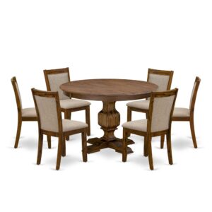 This Table Set  Includes A Pedestal Dinner Table And 6 Mid Century Chairs For Dining Room Which Can Fully Accommodate Your Family. Asian Wood Material Modern Dining Set  Is Sturdy And Durable. The Set  Of 6 Upholstered Dining Chairs In Linen Fabric Foam Padded Seat Will Not Feel Tired Even After A Long Time Sitting. The Seat And Back Cushion Is Made Of High-Quality Material Of Linen Fabric For The Backrest Because Of The Upholstered Back. This Attractive Dining Set  With A Solid Wood Frame Will Enhance The Appeal Of Any Dining Area. Upgrade Your Home Decor With Our Modern Style Mid Century Modern Dining Set . Antique Walnut Finish Adds A Unique Attraction To Any Kitchen Room While The Wooden Legs Of Both Mid Century Modern Dining Chairs And Modern Round Dining Tables Will Surely Help You To Enhance The Solidness And Classic Feel. The Classy Design In The Premium Finish Is Perfect To Match Any Dining Room. Change Your Interior Decor With Our Antique Design Modern Dining Set . The Kitchen Table Set  Adds A Touch Of Magnificence To The Kitchen That You And Your Family Will Surely Enjoy. The Smooth Surface Dining Set  Is Easy To Be Clean With A Damp Cloth To Get Hassle-Free Maintenance. Assembly Needs A Short Amount Of Time And Will Be Easy To Assemble If You Will Follow The Step-By-Step Instructions Of The Manual.