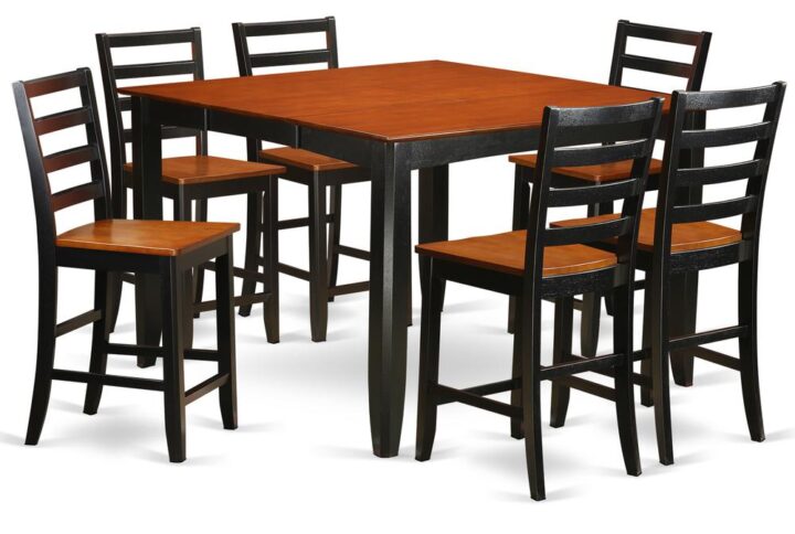 Counter height pub sets provides a traditional look having square gathering table and bar stools that feels right at home in either a functioning kitchen or elegant dining room. Dining room table and bar stools have a smooth sleek look combined with beveled edges. Pleasantly seat your friends and family with the table integrated self storage butterfly leaf. Square counter height dining table is mounted on four strong corner posts for great amount of leg room. Counter height chairs provide ladder back styling along with smooth and calming solid wood seats. Finished in warm Black & Cherry color.