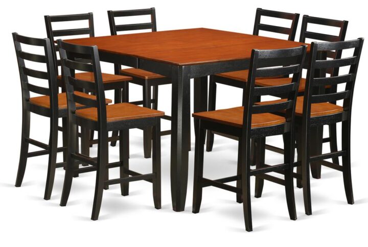 Counter height pub sets provides a traditional look having square high dining table and chairs which feels at home in either a working kitchen area or standard dining-room. Kitchen table and chairs have a luxurious stylish finish combined with beveled edges. Effortlessly seat your friends and relatives with the table integrated self storing butterfly leaf. Square gathering table is placed on 4 reliable corner posts for adequate leg room. Kitchen bar stool posses ladder back styling with sleek and calming wood seats. Finished in pleasant Black & Cherry colors.
