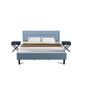 This Upholstered Wingback Bed Set  Is Excellent To Offer A Stunning Appeal To Any Area. It Is Time To Provide Your Bedroom A Major Style Enhance With This Upholstered Bed. We Are Providing A King Size Bedroom Set  For Bedroom That Contains 1 Platform Bed Frame With A Headboard And 2 Eye-Catching End Tables. This Denim Blue Linen Fabric Platform King Size Bed Elevates The Appeal Of Any Bedroom To A Luxurious Level. Our Unique Creation King Size Bedroom Set  Will Surely Feel Comfortable When Sitting On This Platform Bed And Its Plywood Slats Are Excellent To Give Ample Support As Well As The Sturdy Equidistant Slats Boost Durability And Increase The Life. Everything Required For Assembly Is Efficiently Packed No Additional Tools Are Needed For This King Size Bedroom Set