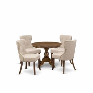 This 7-Piece dinette set includes a wood round dining table and 6 padded chairs for dining room which can fully accommodate your family. Asian wood material dinner table set is sturdy and durable. The set of 6 wood chairs in linen fabric foam padded seat will not feel tired even after a long time sitting. The seat and back cushion is made of high-quality material of linen fabric for the backrest because of the upholstered back. This attractive dinner table set with a solid wood frame will enhance the appeal of any dining area. Upgrade your home decor with our modern style mid century modern dining set. Antique Walnut finish adds a unique attraction to any kitchen room while the wooden legs of both mid century modern chairs and wooden tables will surely help you to enhance the solidness and classic feel. The classy design in the premium finish is perfect to match any dining room. Change your interior decor with our antique design round dining table set. The round dining table set adds a touch of magnificence to the kitchen that you and your family will surely enjoy. The smooth surface dining set is easy to be clean with a damp cloth to get hassle-free maintenance. Assembly needs not much time and will be easy to assemble if you will follow the step-by-step instructions of the manual.