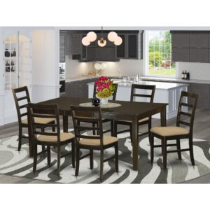 or perhaps folded away and thus tucked away out of sight to open up more space. The darker modern stylings of the table and dining room chair set would be the ideal supplement to your standard living space. Finished with a rich Cappuccino color.
