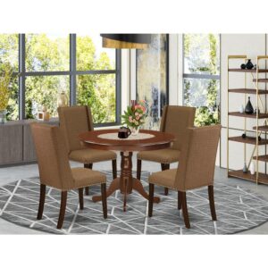 Our round dining table set includes 4 remarkable dining room chairs and an incredible pedestal legs living room table. The modern dining table set gives a Mahogany hardwood modern dining table and body and a fantastic Brown Beige parson chairs seat and high back that bring elegance to your living area and boost the charm of your amazing dining area. The high quality of our beautiful chairs helps our attractive customers to get relaxation and feel free when getting their meal. This small table constructed from superior quality rubber wood which can bear the weight of 300 Lbs. Our upholstered dining chairs have a wooden frame with a luxury seat of prime quality foam which is covered with Linen Fabric that provides you relaxation with family or friends. This listing has a premium color of Mahogany finish for wood table and Brown Beige finishes parson dining chairs. Our gorgeous premium colors enhance the beauty of your dining room and provide a magnificent glance to your dining area or dining area. East West Furniture always crafted from modern furniture along with easy assembling parts. We try to keep our furniture parts modern as well as simple. Our high-class kitchen set is great for your lovely dining area as well as the kitchen. You can use it for casual home parties. Keep enjoying East West modern furniture!