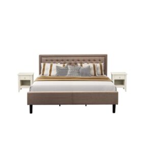This gorgeous queen bedroom set makes a beautiful addition to any bedroom in your home. Our 3 Piece queen size bed set includes 1 queen size platform bed frame and 2 mid century nightstands with 2 drawers. Our queen size bedroom set will impress everyone that will come to your house because it fits with any type of decor. We have constructed these platform bed and night stands for bedrooms by using engineered wood to create strong support for you and your mattress. Our versatile bed features a wooden headboard made out of robust wood that will surely be the focal point of your bedroom and a great place to lean on and relax