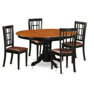 and the 4 dining chairs are fashioned in a ladder-back style in Black to enhance the table.