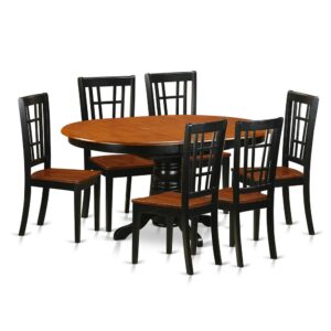 and the 6 dining chairs are designed in a ladder-back style in Black to go with the table.