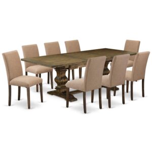 Our Desirable Dining Room Set  Can Help Any Dining Room Appearance More Wonderful. Our Dining Room Set  Consists Of An Excellent Rectangular Room Table And 8 Beautiful Dining Chairs. Enjoy Meals With Your Family With This Exquisite Rectangular Wood Table. This Small Dining Set  Will Raise The Elegance Of Any Dining Room With Its Ageless Style. Our Wood Dining Chairs Are Made Of Premium Quality Linen Fabric