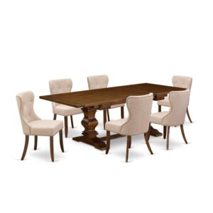 East West Furniture LASI7-88-04 of six pieces of parson dining chairs with Linen Fabric Linen Tan color and an attractive wood pedestal kitchen table with Antique Walnut
