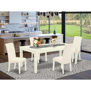 the eye appealing design of this dinette set liven up your dining space. This rectangular sturdy wooden table based on 4 straight legs with carved design has plenty of space for 4-8 people to sit and enjoy their meal comfortably. The dining table integrates an 18 inch self-storage extension leaf which can be stored right beneath the table top. This wonderful kitchen table makes a really great addition for all kitchen space and corresponds all sorts of dining-room concepts. The Barry upholstered parson chair is a tasteful
