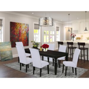 contemporary touch to any kitchen area or dining room. This kind of 7 pieces dining table set includes a rectangular kitchen table and 6 parson chairs. The kitchen table facilitates an affectionate family feeling. A comfortable and luxurious Black color offers any dining area a relaxing and friendly feel with this kitchen table. With a soft rounded bevel at the edge of the table top