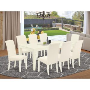 the eye appealing design of this dining set liven up your dining space. This rectangular sturdy wooden table based on 4 straight legs with carved design has plenty of space for 4-8 people to sit and enjoy their meal comfortably. The dining table integrates an 18 inch self-storage extension leaf which can be stored right beneath the table top. This wonderful kitchen table makes a really great addition for all kitchen space and corresponds all sorts of dining-room concepts. The Barry upholstered dining chair is a tasteful