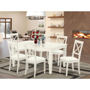 modern touch to any kitchen area or dining room. This kind of Seven Piece Kitchen table set with 1 table and Six dining room chairs with faux leather seat. High quality dining set which is created from 100% Asian Hardwood. Simply no MDF